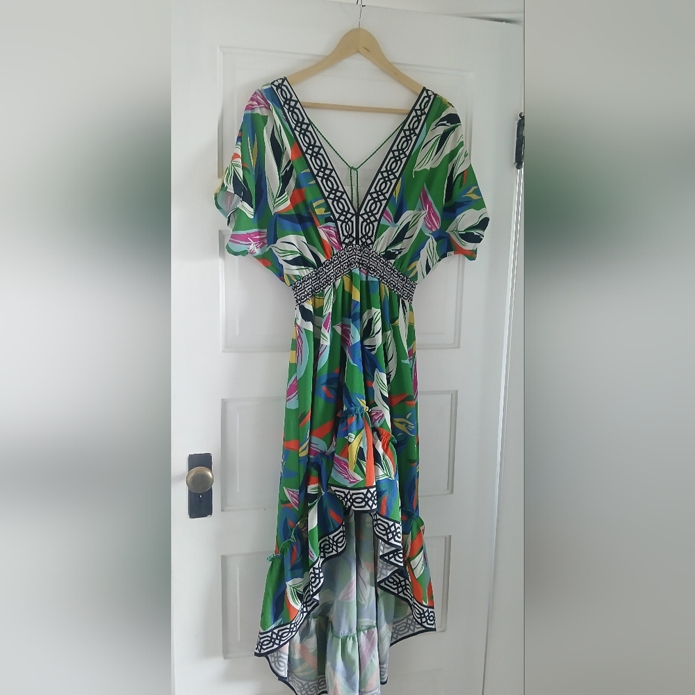 Flying Tomato Dress V-Neck Hi-Lo Floral Elasticized Waist Flowy Tropical Print - Picture 11 of 13